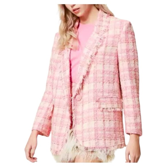TWINSET ACTITUDE Jacquard Check Boucle Tweed Lurex Fringe Boyfriend Fit Blazer - Picture 3 of 16